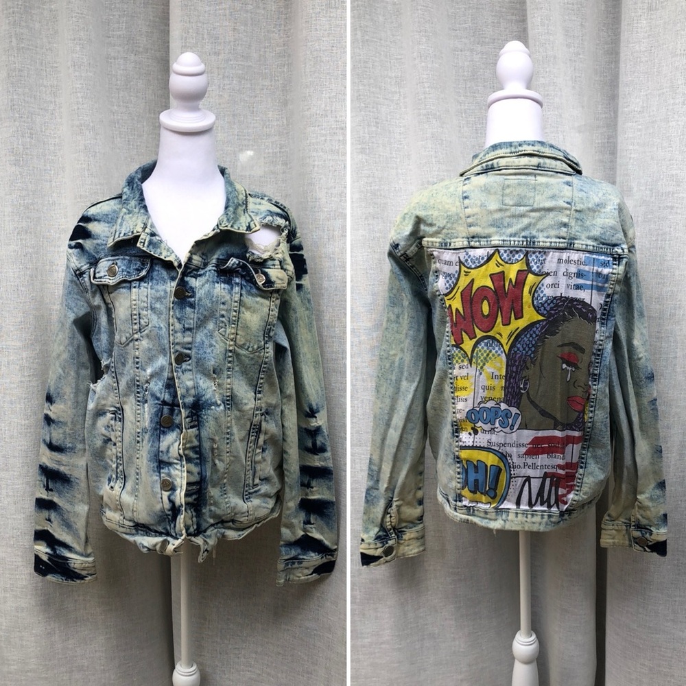 Encrypted comic book pop art  appliqué back distressed acid wash denim jacket